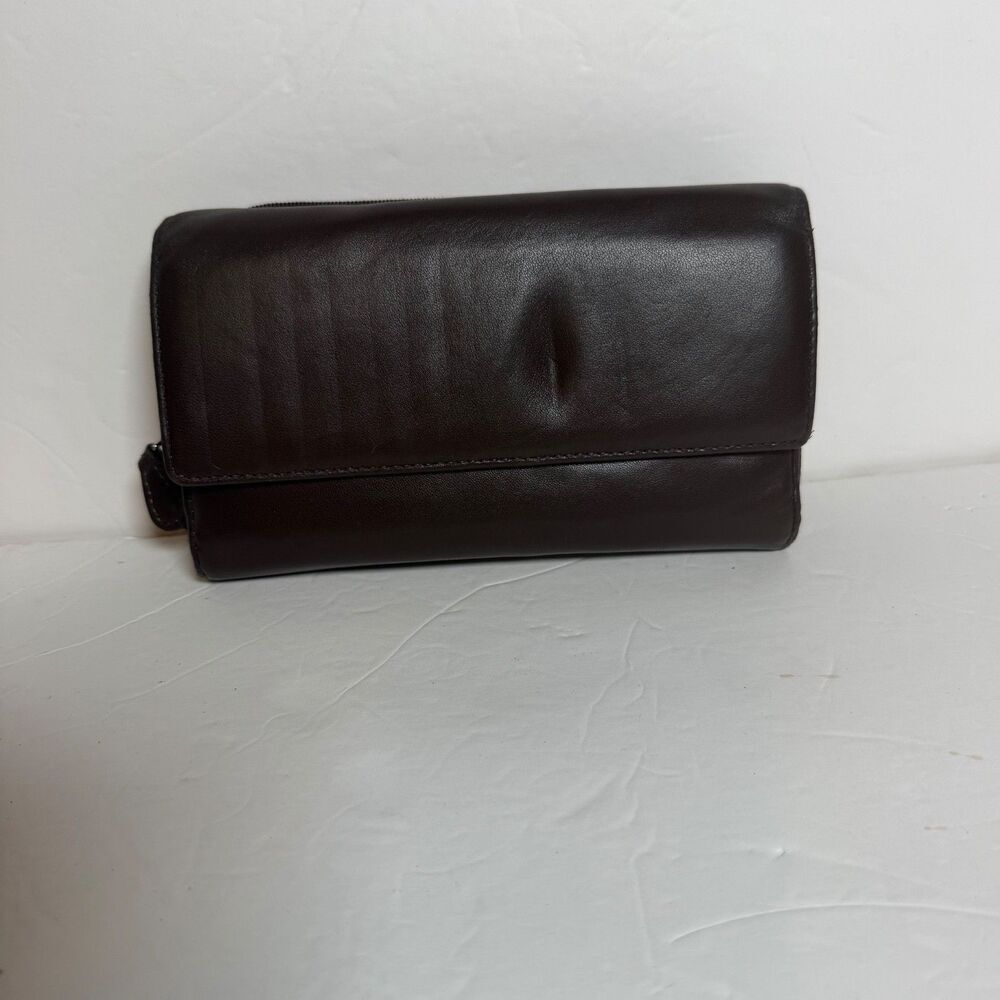Wilsons Leather Brown Trifold Wallet Checkbook Organizer Zip Around Style